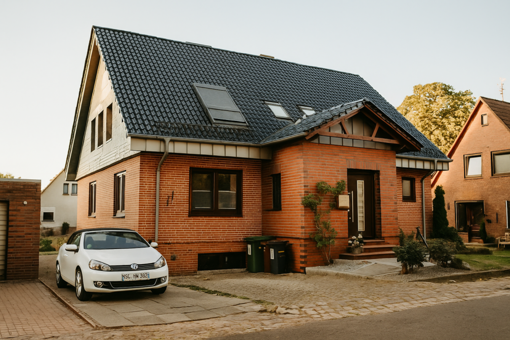 A white Volkswagen electric car is parked beside a modern house with rooftop solar panels, representing a home EV solar charging setup.