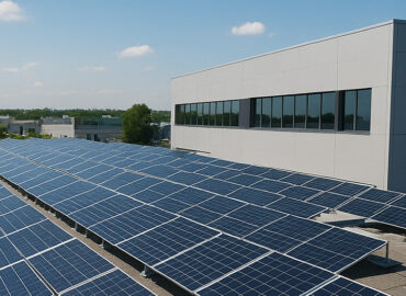 s2 Rooftop solar panel array on a commercial building, with a modern office facade and surrounding industrial buildings visible under a clear blue sky.