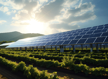 s4 Elevated solar panels installed above rows of crops in an agrivoltaic farm setup, with the sun shining through clouds over distant mountains.